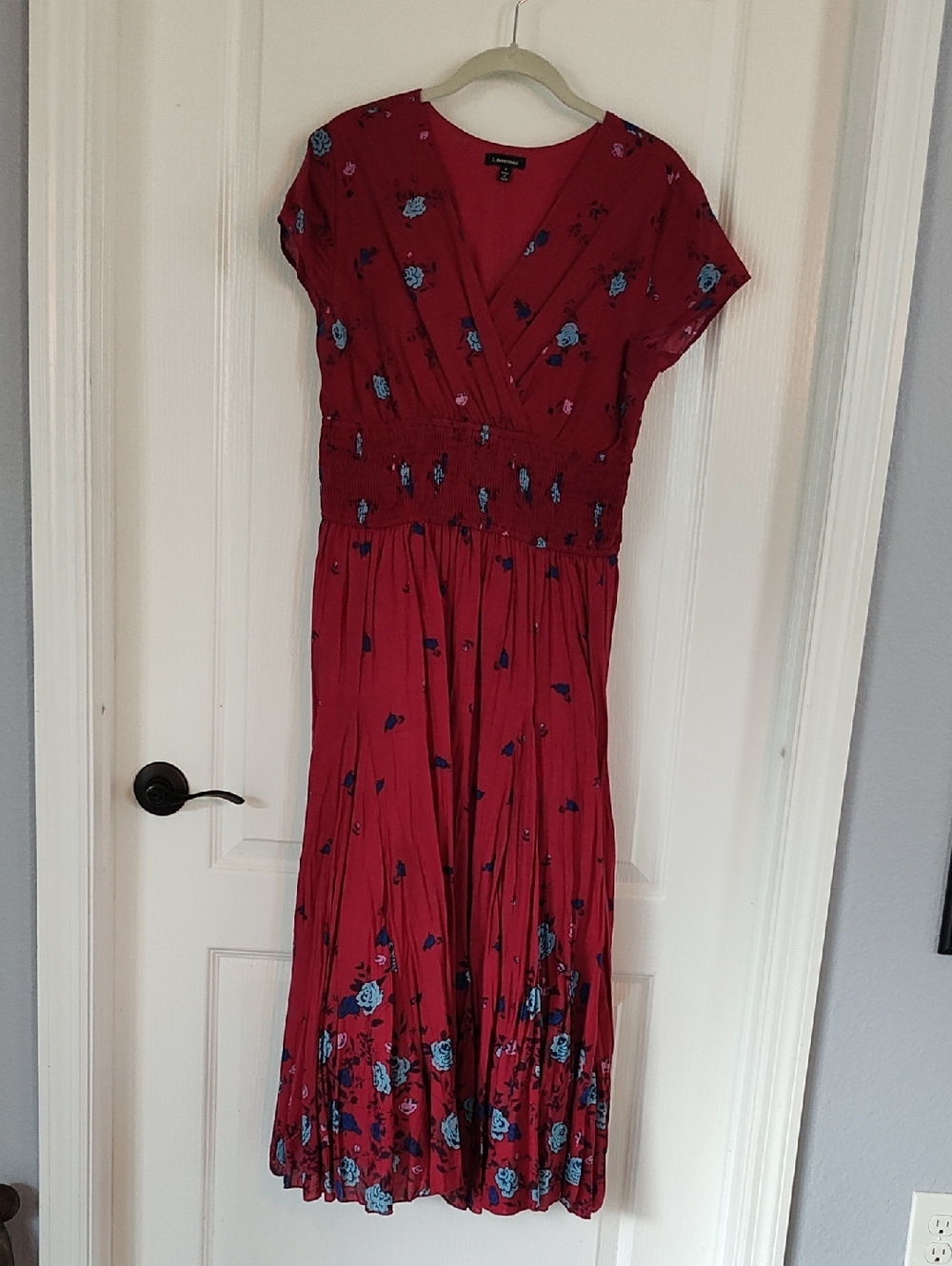J. Peterman Crimson Floral Maxi Dress with Blue Accents
